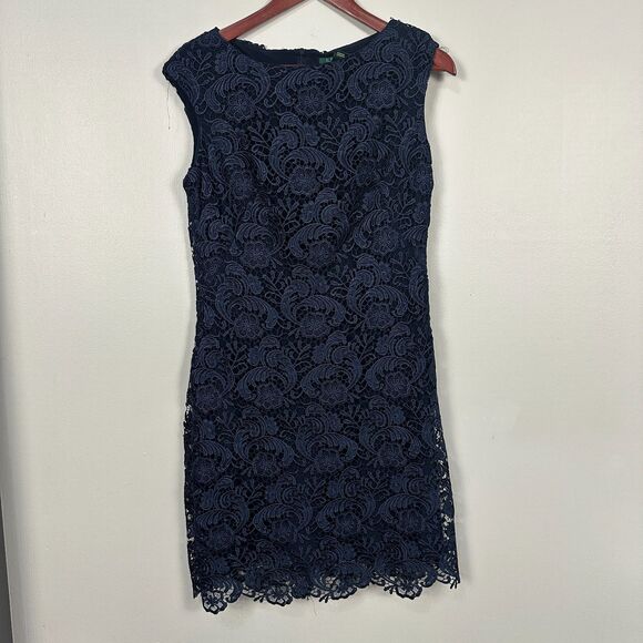 Lauren Ralph Lauren Lighthouse Navy Lace Evening Dress Size 12 Sleeveless - Picture 1 of 4